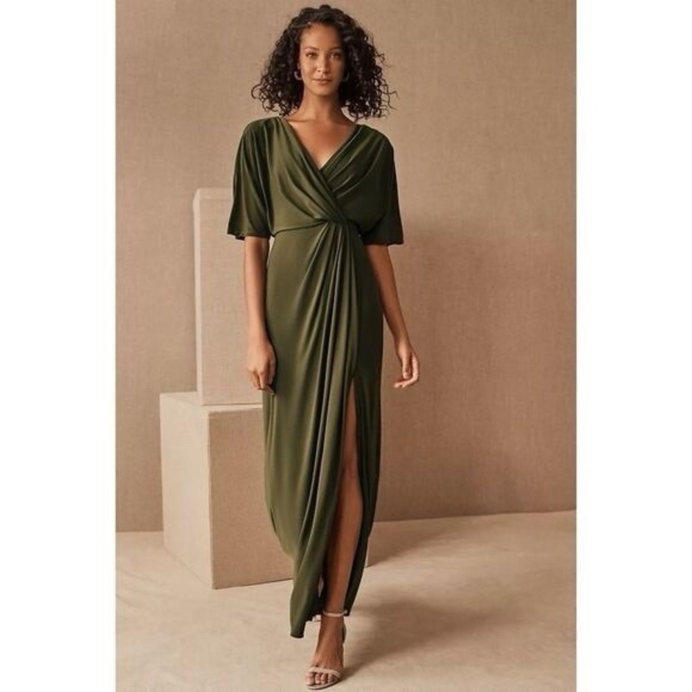 BHLDN Anthropologie Thornton Gown Dress 8 Forest Sage Green Flutter Sleeve Wrap